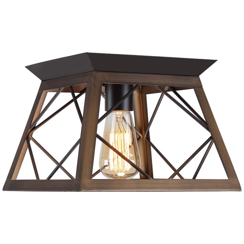 QS Q&S Flush Mount Ceiling Light Fixture,Farmhouse Vintage Lights,Industrial Metal Lamp for Hallway, Entryway, Bathroom ORB+Brush Brown,1 Light E26 - Image 2